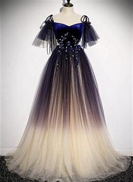 Picture of Pretty Velvet and Gradient Tulle Long Party Dresses, Straps Long Evening Gown